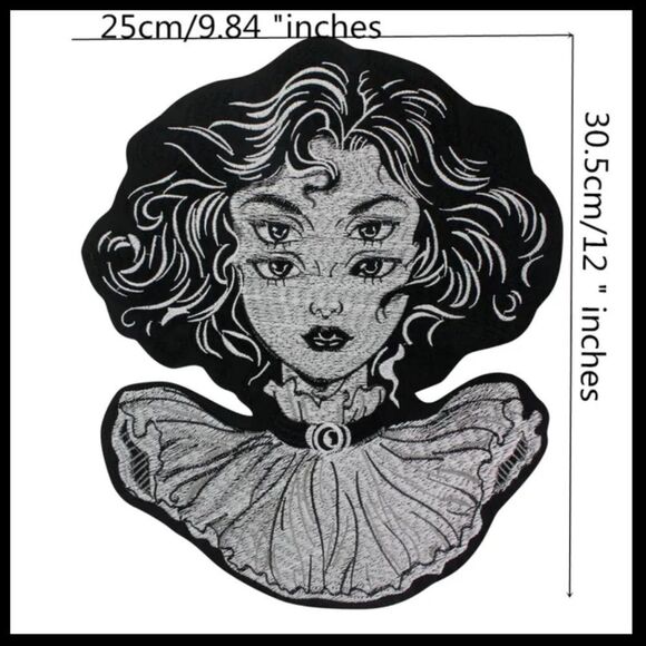 Large Trippy Double Eye Lady Black and White Embroidered Applique 12 in - Picture 1 of 1